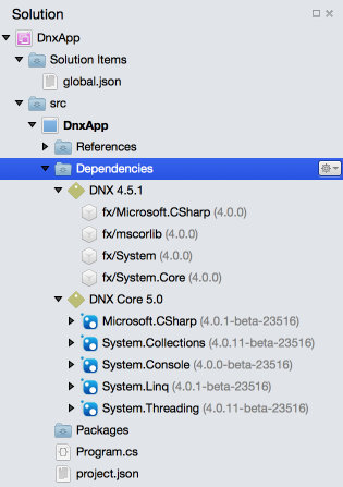 DNX console project in Solution window
