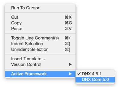 Active DNX framework context menu in text editor