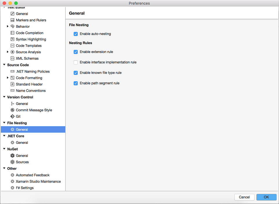 File nesting rules in preferences