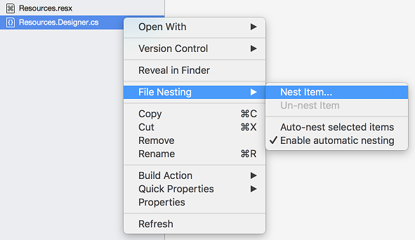 Manual file nesting - nest item context menu