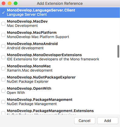 Language Server Client extension in Add Extension Reference dialog