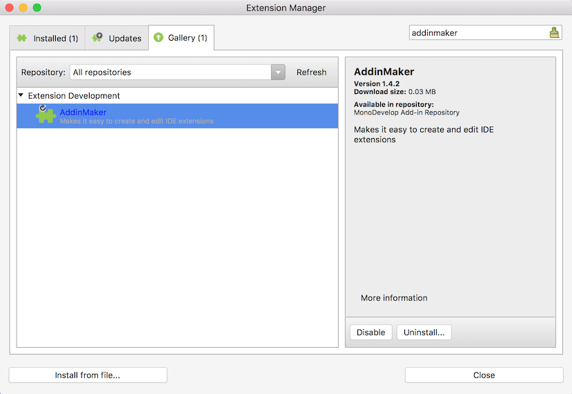 Addin maker selected in Extensions Manager dialog