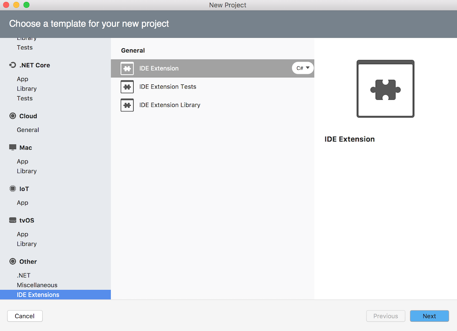 IDE Extension project selected in New Project dialog