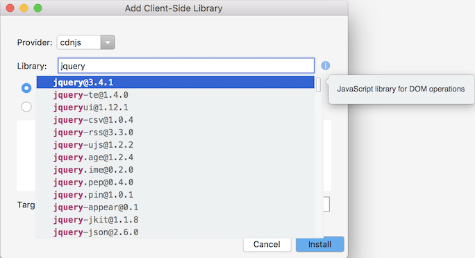 Add Client-Side Library dialog completion list