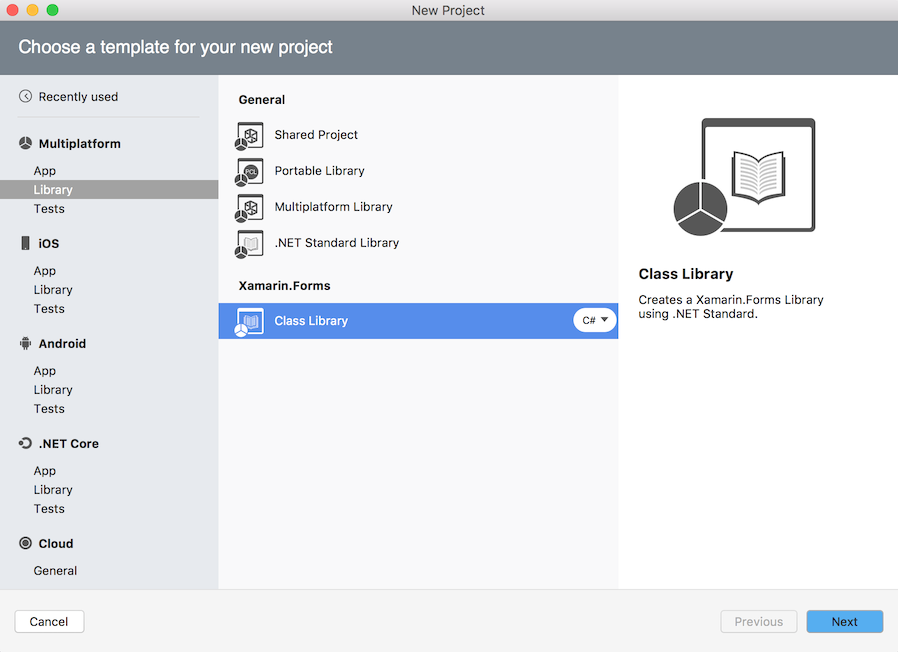 New Project dialog - Xamarin.Forms Class Library project