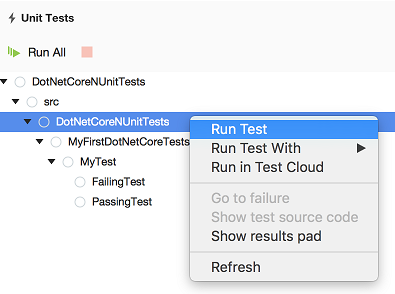 Run NET Core unit tests in Unit Tests window