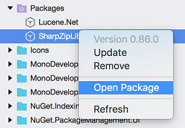 Open installed package context menu