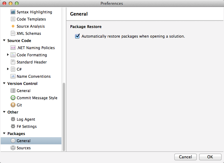 Preferences - automatic package restore