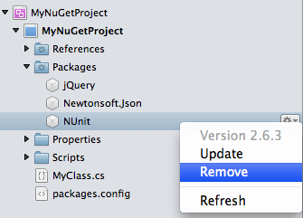 Solution window - package remove menu
