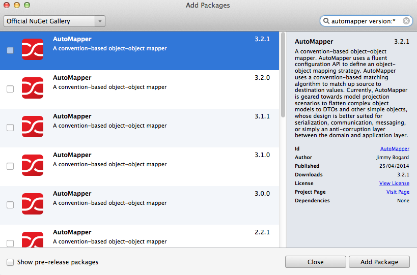 Add Packages dialog - all AutoMapper package versions