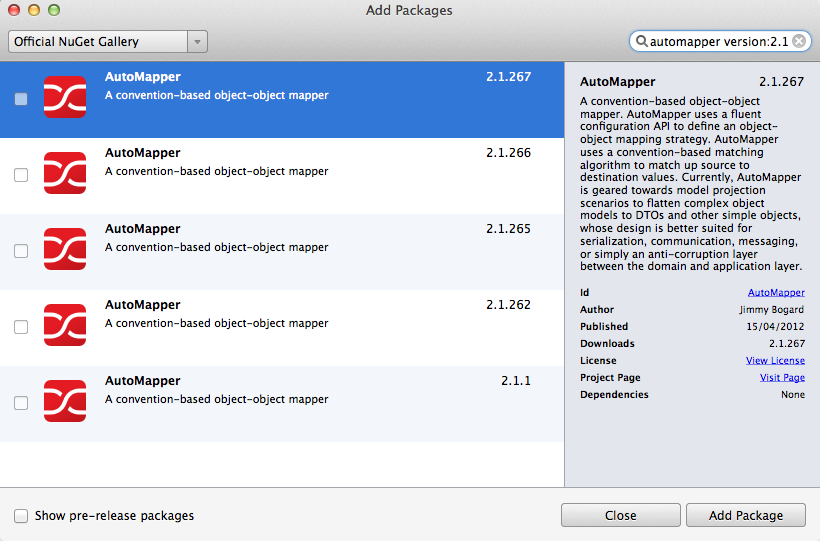 Add Packages dialog - AutoMapper 2.1 package versions