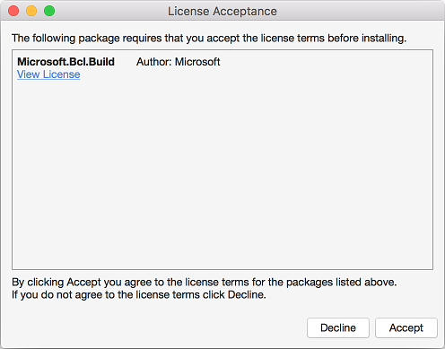Package license acceptance dialog