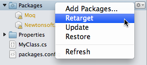Solution window - Retarget project packages menu item