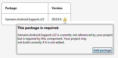 Android Support Library v13 CComponent Details page with Add Package pop-up window