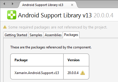 Android Support Library v13 CComponent Details page with missing NuGet Package