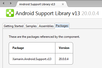 Android Support Library v13 Packages in Component Details page
