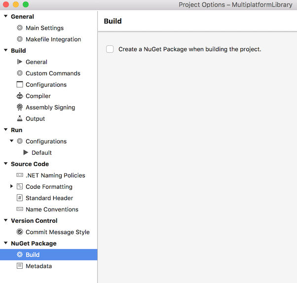Creating a NuGet Package when building the project - project options