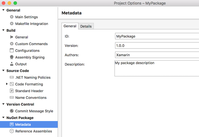NuGet package metadata in project options