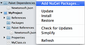 Paket Dependencies folder context menu