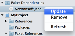 Paket Dependencies folder NuGet package context menu