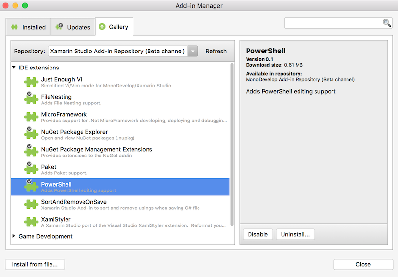 PowerShell addin in Addin manager dialog