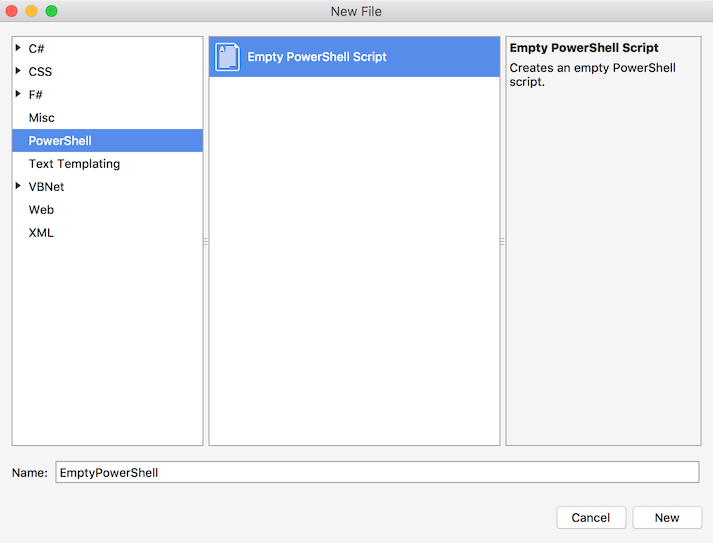 PowerShell script file template in New File dialog