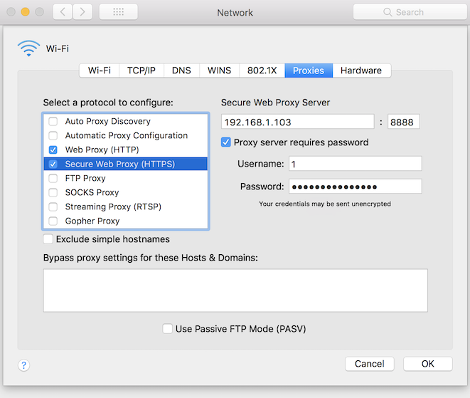 Username and password associated with proxy in network settings