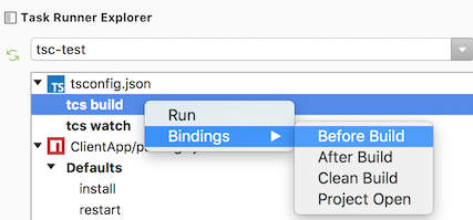 Task Runner Explorer Bindings menu