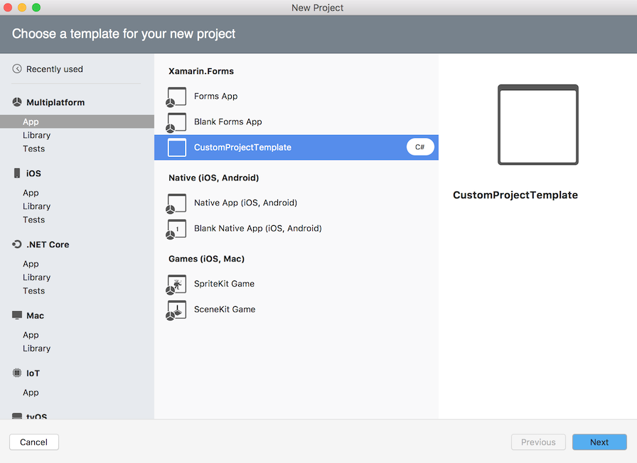 Custom template in New Project dialog