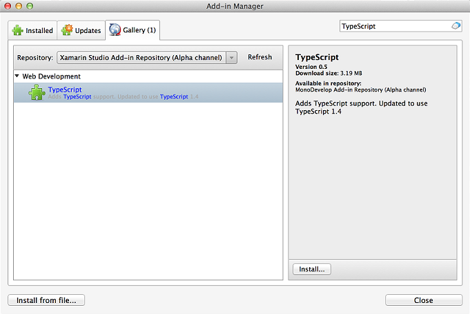 TypeScript addin selected in Addin Manager dialog