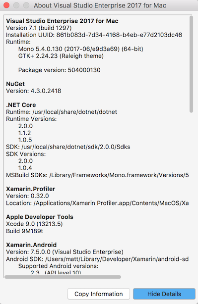 .NET Core runtime and SDK information in About dialog