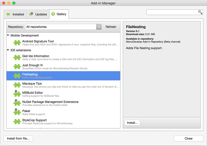 File Nesting addin in addin manager window