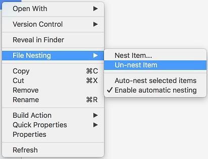 Manual file nesting - un-nest item context menu