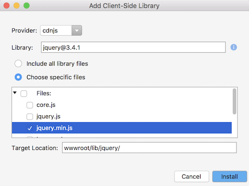 Add Client-Side Library dialog select files