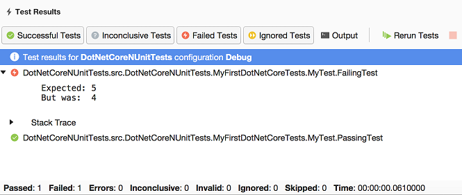 .NET Core test results  in Test Results window