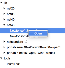 Open menu to open file inside NuGet package into Xamarin Studio