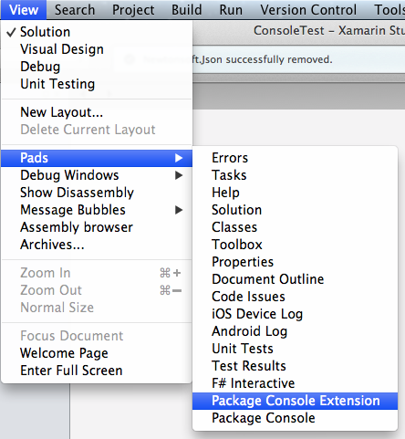 View - Package Console Extension menu item