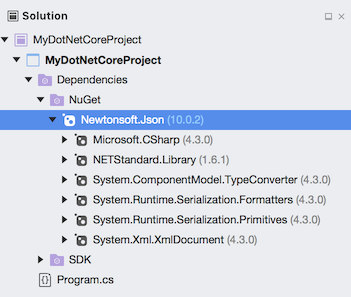 Newtonsoft.Json NuGet package expanded in Solution window - .NET Core project