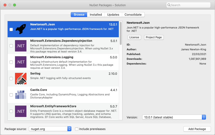 Manage NuGet packages dialog