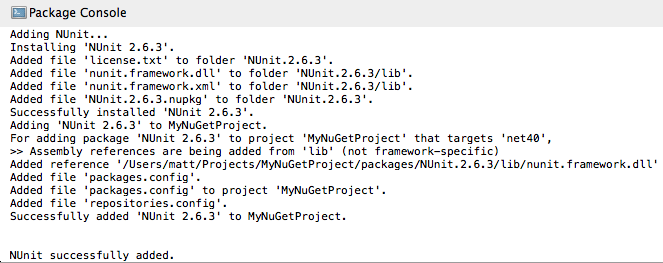 NUnit package added messages in Package Console