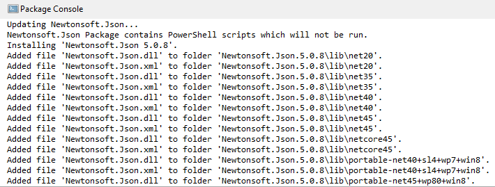 Json.NET package updated to 5.0.8 - Package Console output