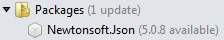 Json.NET 5.0.8 package update available shown in Solution window