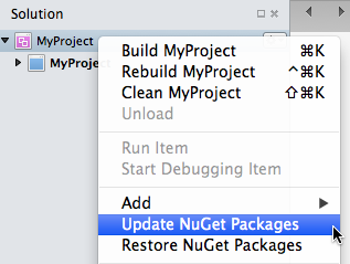 NuGet menu items in the Solution context menu