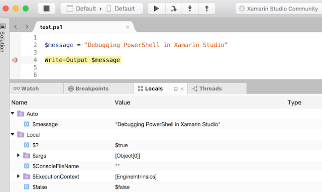 Debugging a PowerShell script in Xamarin Studio