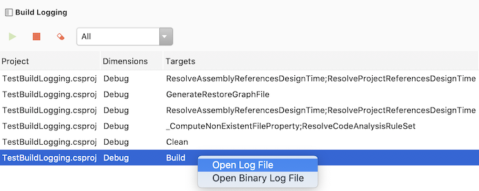Open Log File context menu
