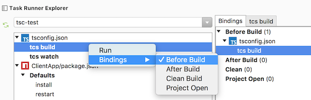 Task Runner Explorer Before Build binding added