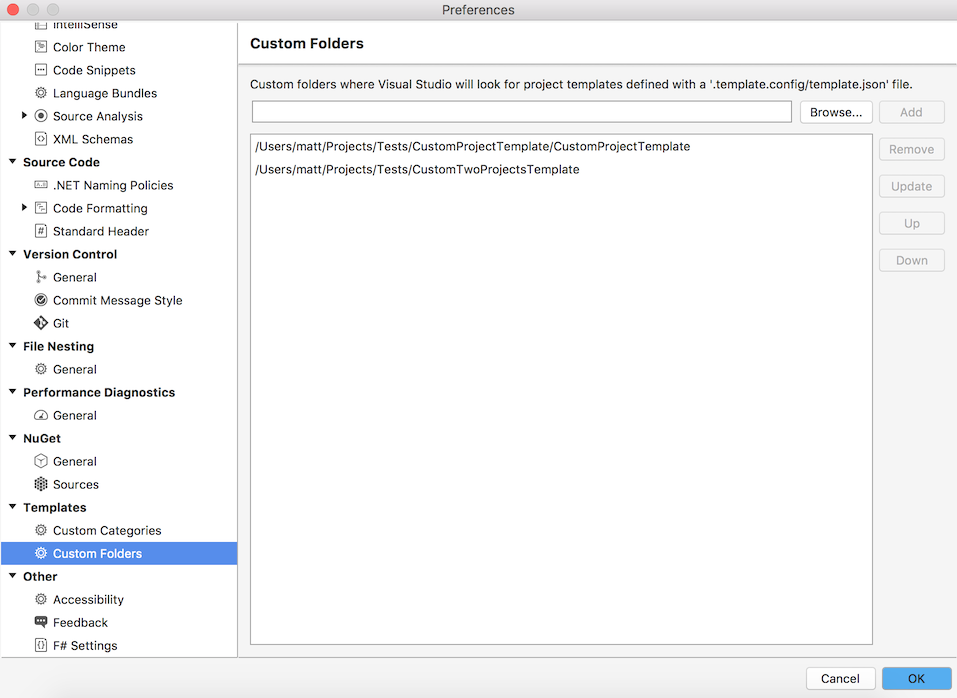 Preferences dialog - Templates - Custom Folders