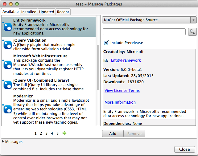 Manage Packages Dialog